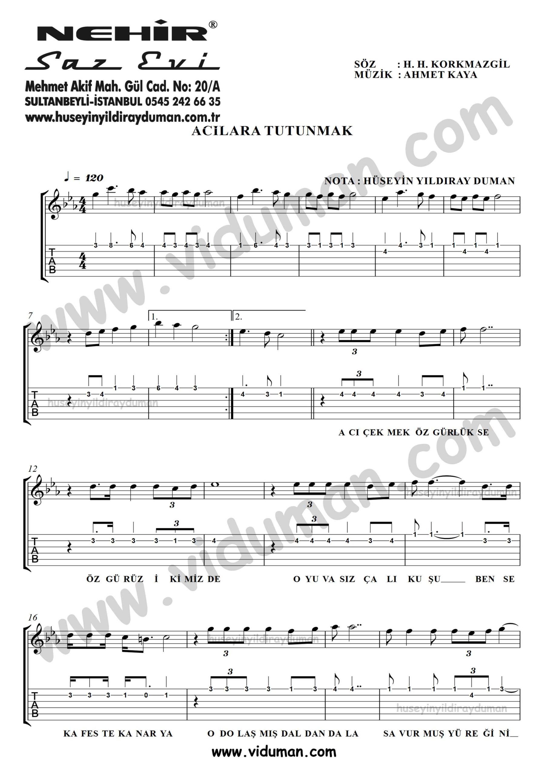 Acilara Tutunmak_1-Ahmet Kaya-Gitar Tab-Solo Notalari
