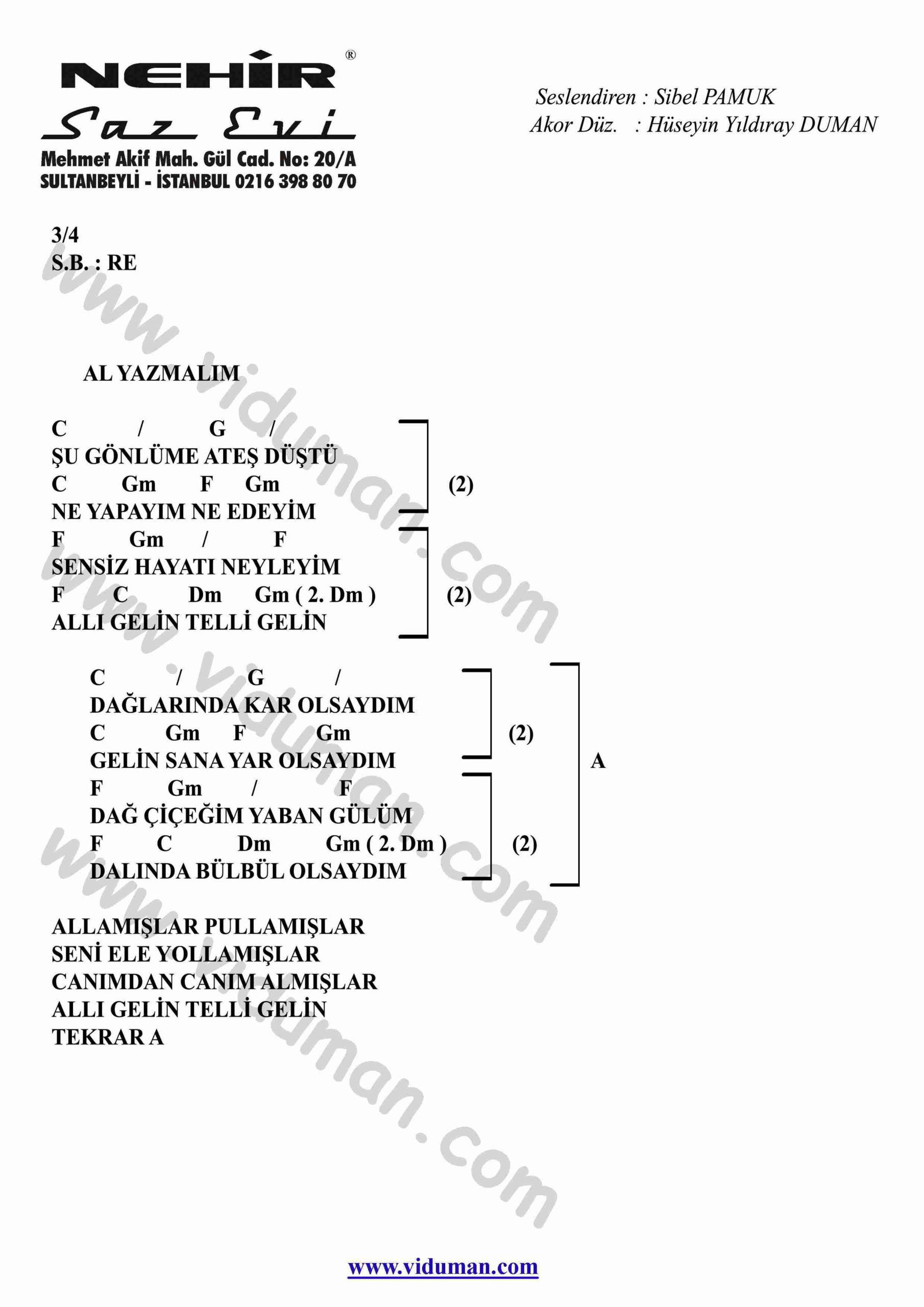 al yazmalim ritim gitar akorlari huseyin yildiray duman istanbul sultanbeyli muzik aletleri ve dersleri