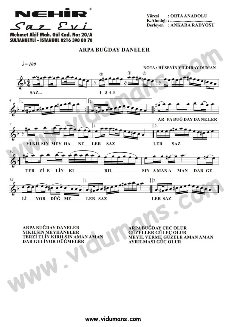 Arpa Bugday Daneler-Baglama-Saz-Notalari