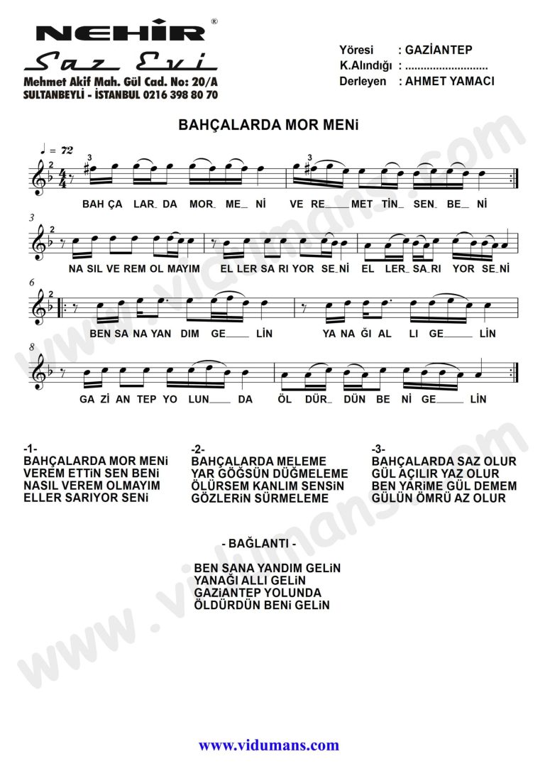 Bahcalarda Mor Meni-Baglama-Saz-Notalari