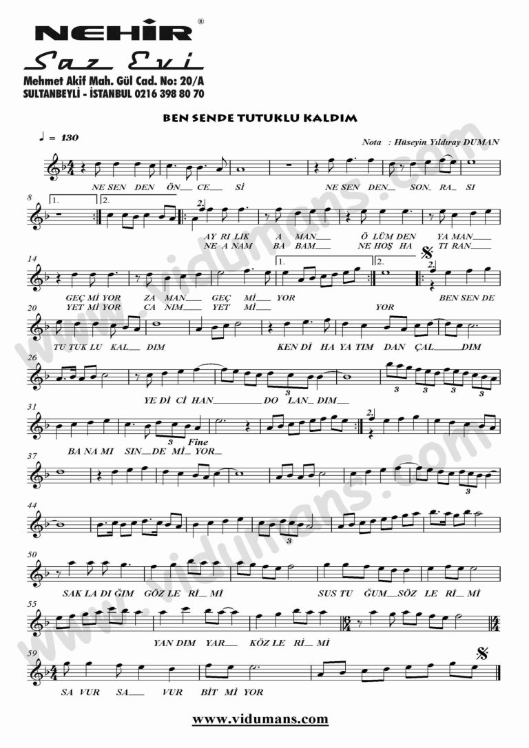 Ben Sende Tutuklu Kaldim-Keman-Notalari