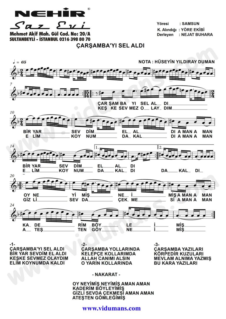 Carsambayi Sel Aldi-Baglama-Saz-Notalari