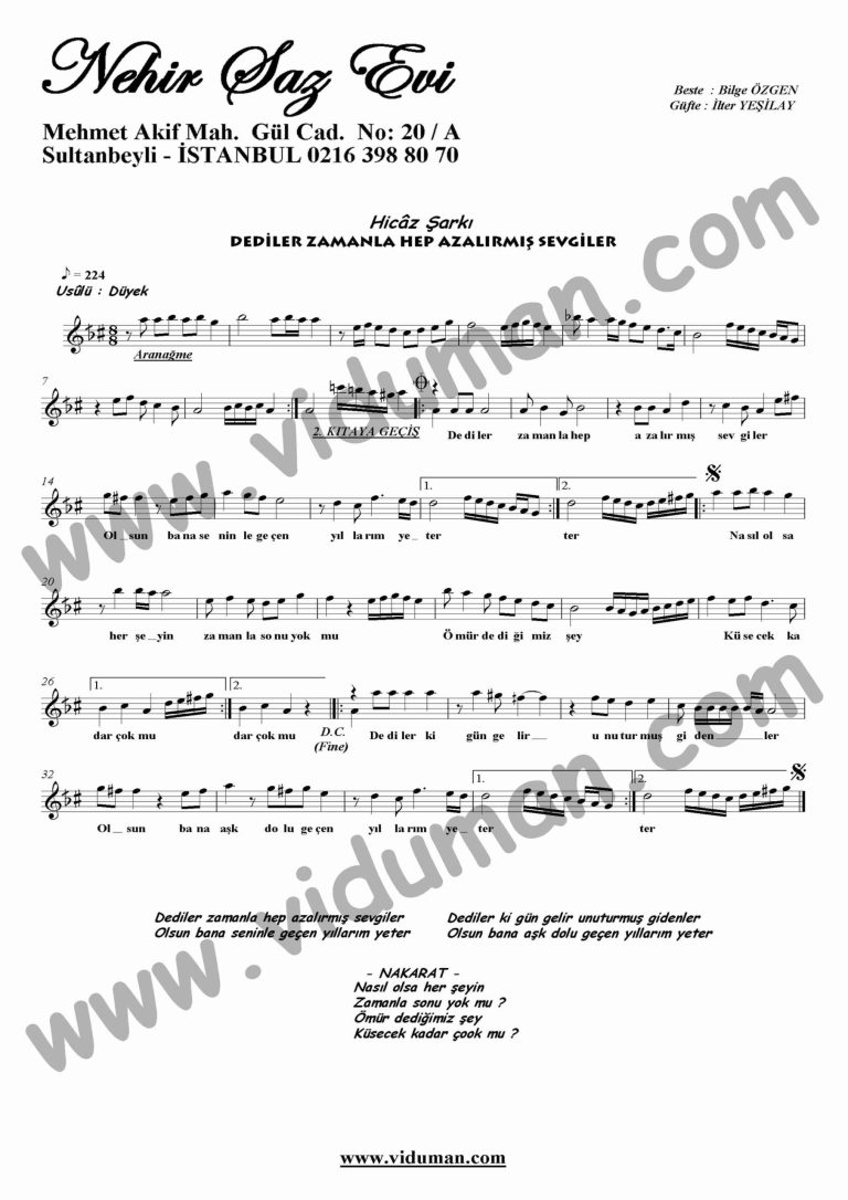 Dediler Zamanla Hep Azalirmis Sevgiler-Keman-Notalari