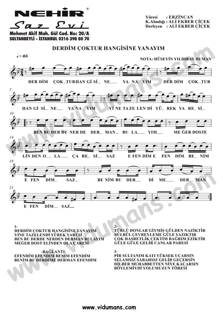 Derdim Coktur Hangisine Yanayim-Baglama-Saz-Notalari