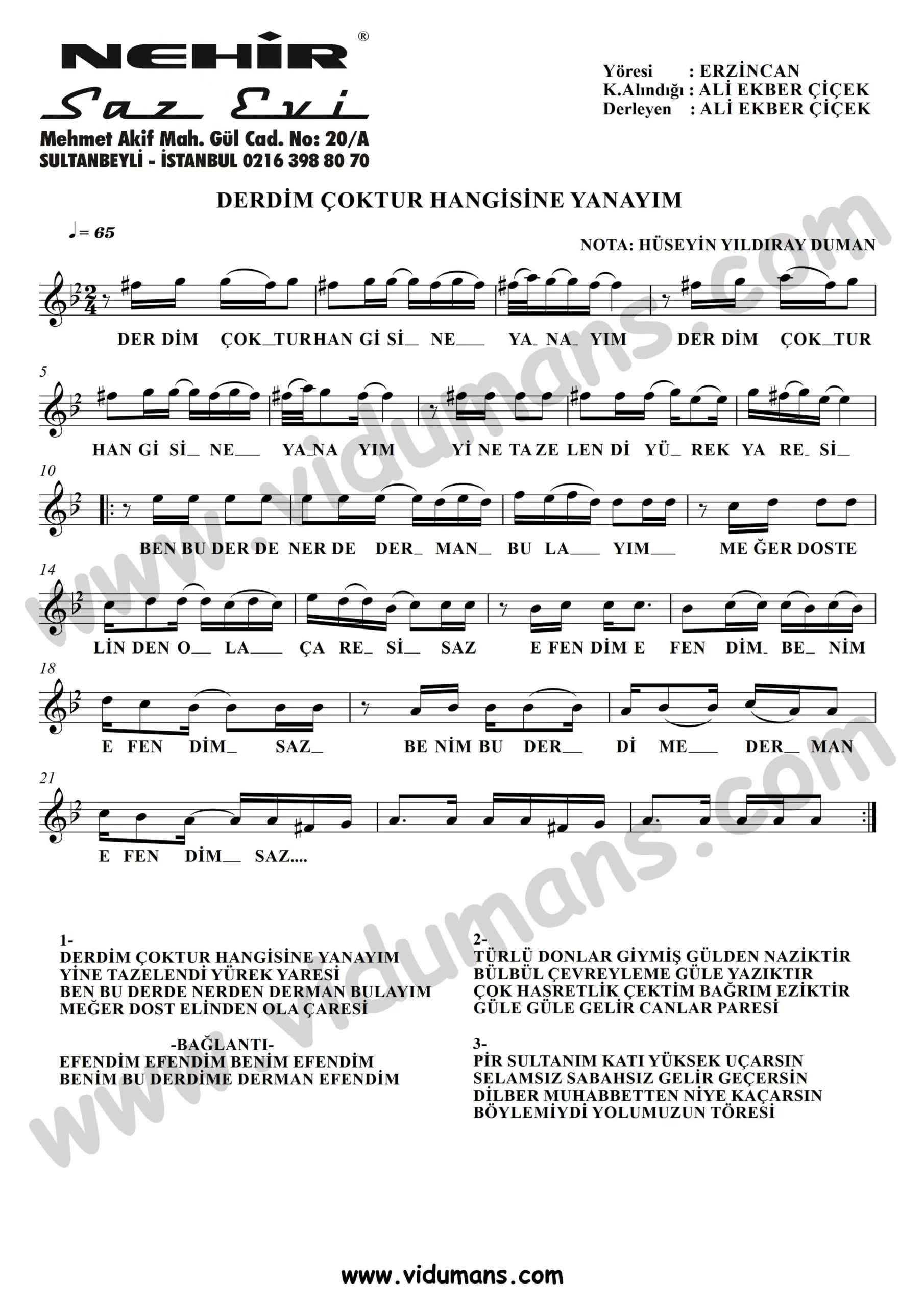 Derdim Coktur Hangisine Yanayim-Baglama-Saz-Notalari