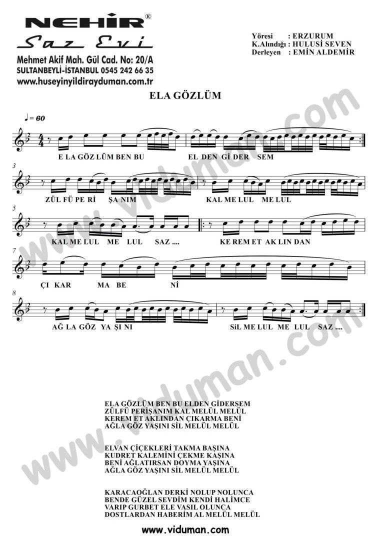 Ela Gozlum Ben Bu Elden Gidersem-Baglama-Saz-Notalari