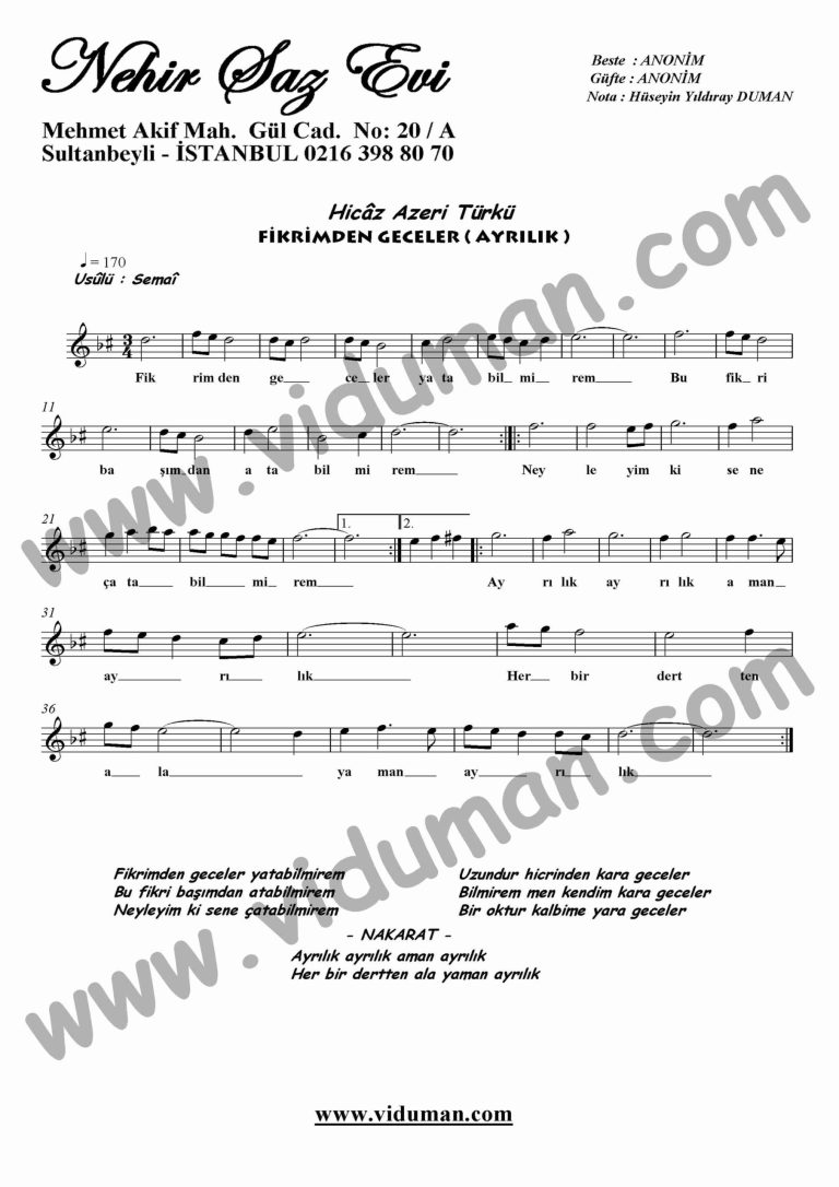 Fikrimden Geceler (Ayrilik)-Keman-Notalari