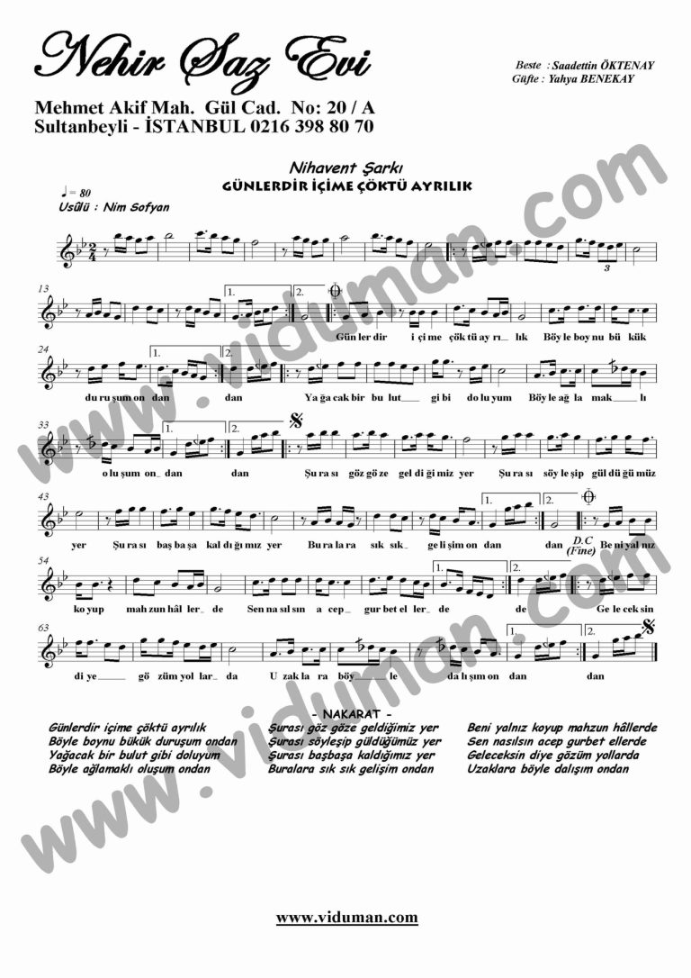 Gunlerdir Icime Coktu Ayrilik-Keman-Notalari