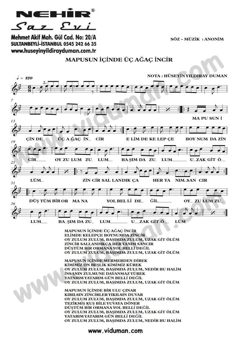 Mapusun Icinde Uc Agac Incir-Ahmet Kaya-Baglama-Saz-Turku-Notalari