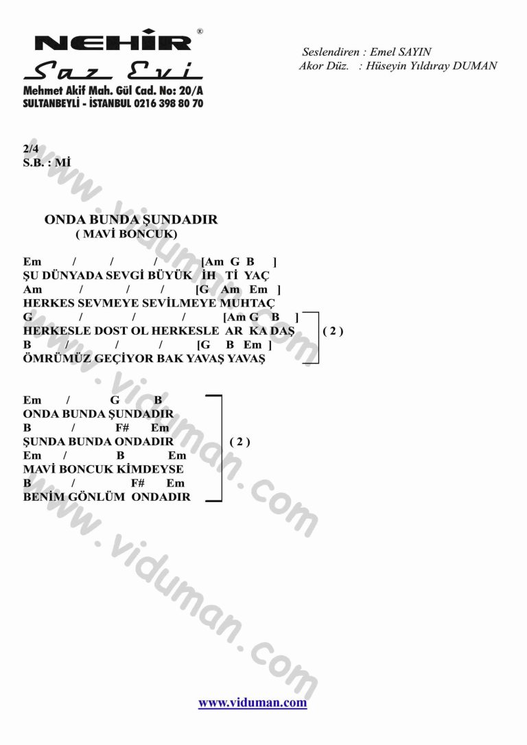 Onda Bunda Sundadir (Mavi Boncuk)-Gitar-Ritim-Akorlari