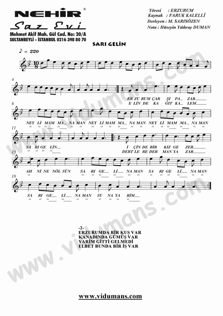 Sari Gelin-Keman-Notalari