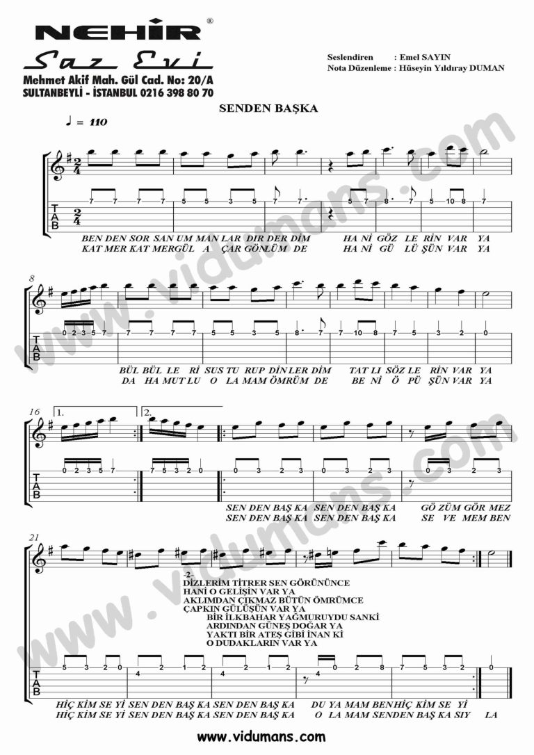 Senden Baska-Gitar-Tab-Solo-Notalari