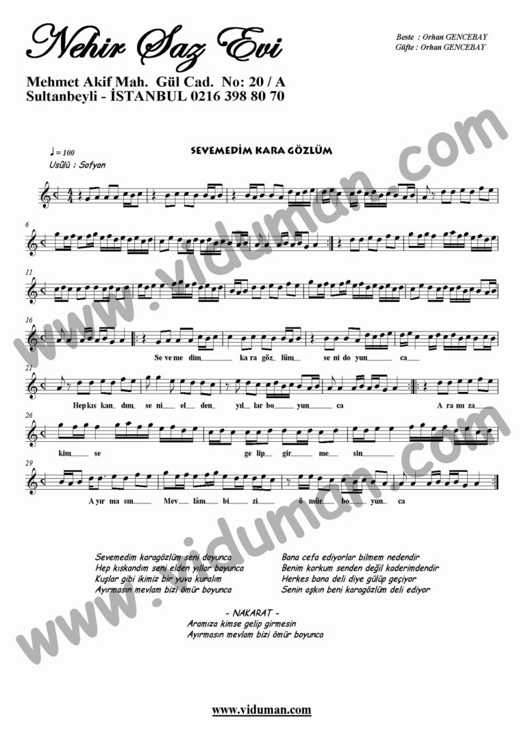 Sevemedim Kara Gozlum-Keman-Notalari