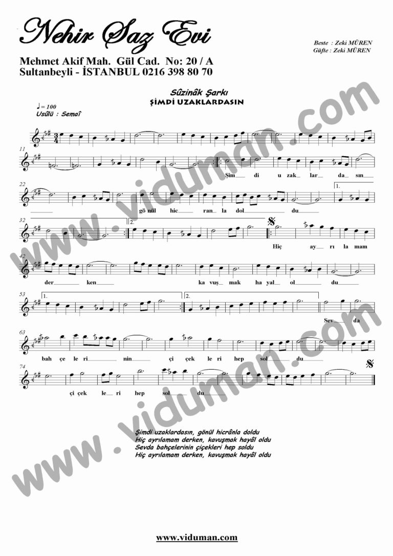 Simdi Uzaklardasin-Keman-Notalari