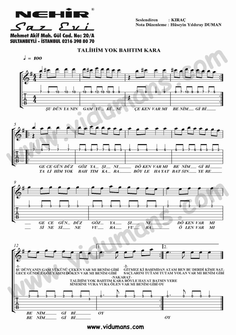 Talihim Yok Bahtim Kara-Gitar-Tab-Solo-Notalari