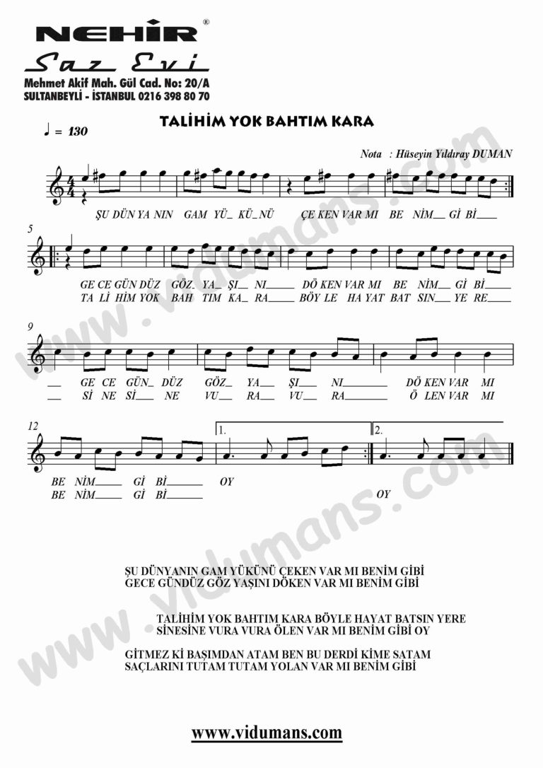 Talihim Yok Bahtim Kara-Keman-Notalari