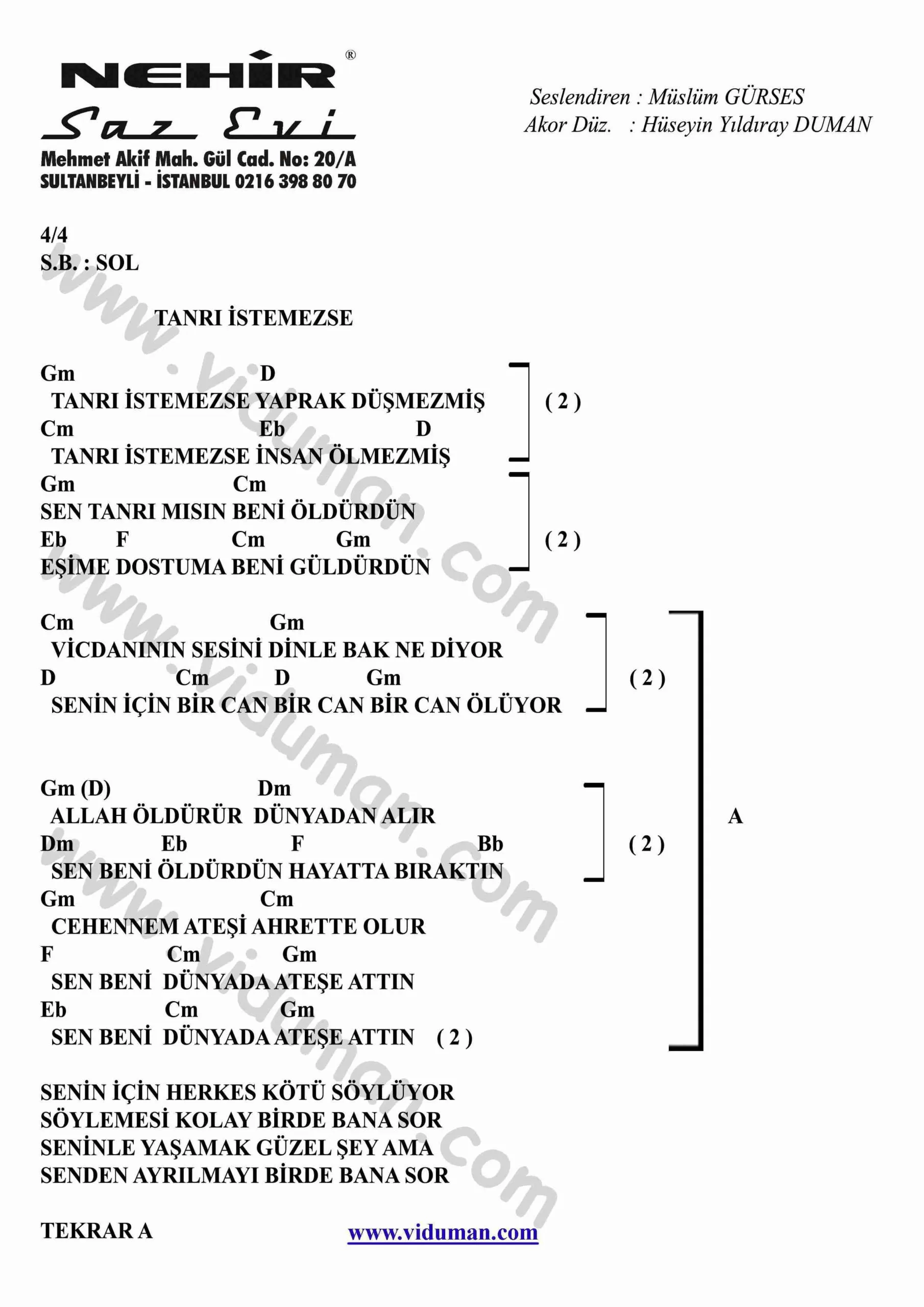 Tanri Istemezse-Gitar-Ritim-Akorlari