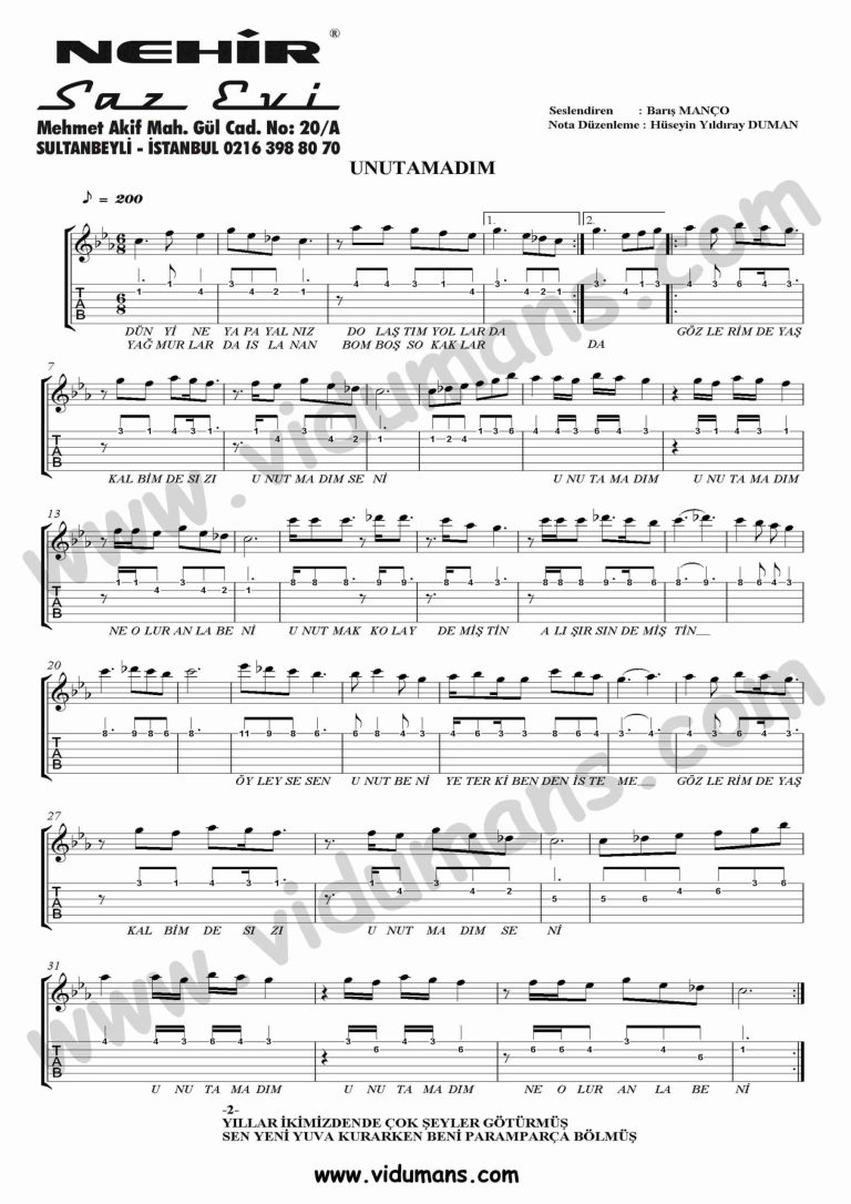 Unutamadim-Gitar-Tab-Solo-Notalari