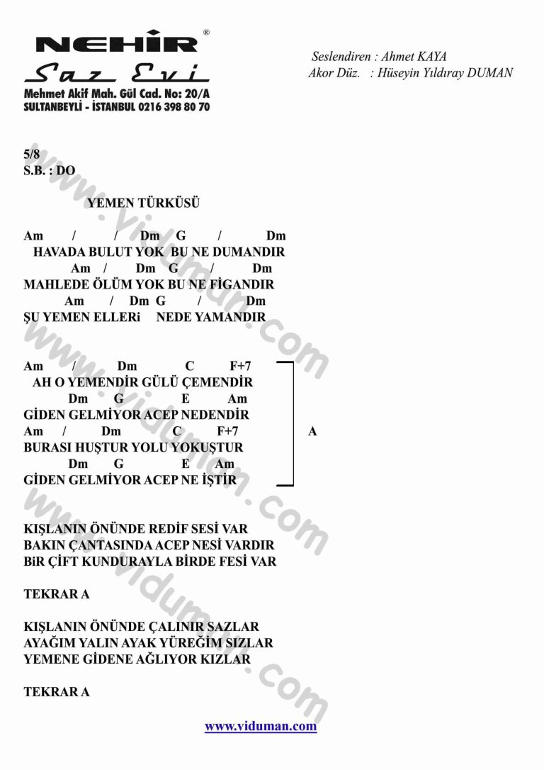 Yemen Turkusu-Gitar-Ritim-Akorlari