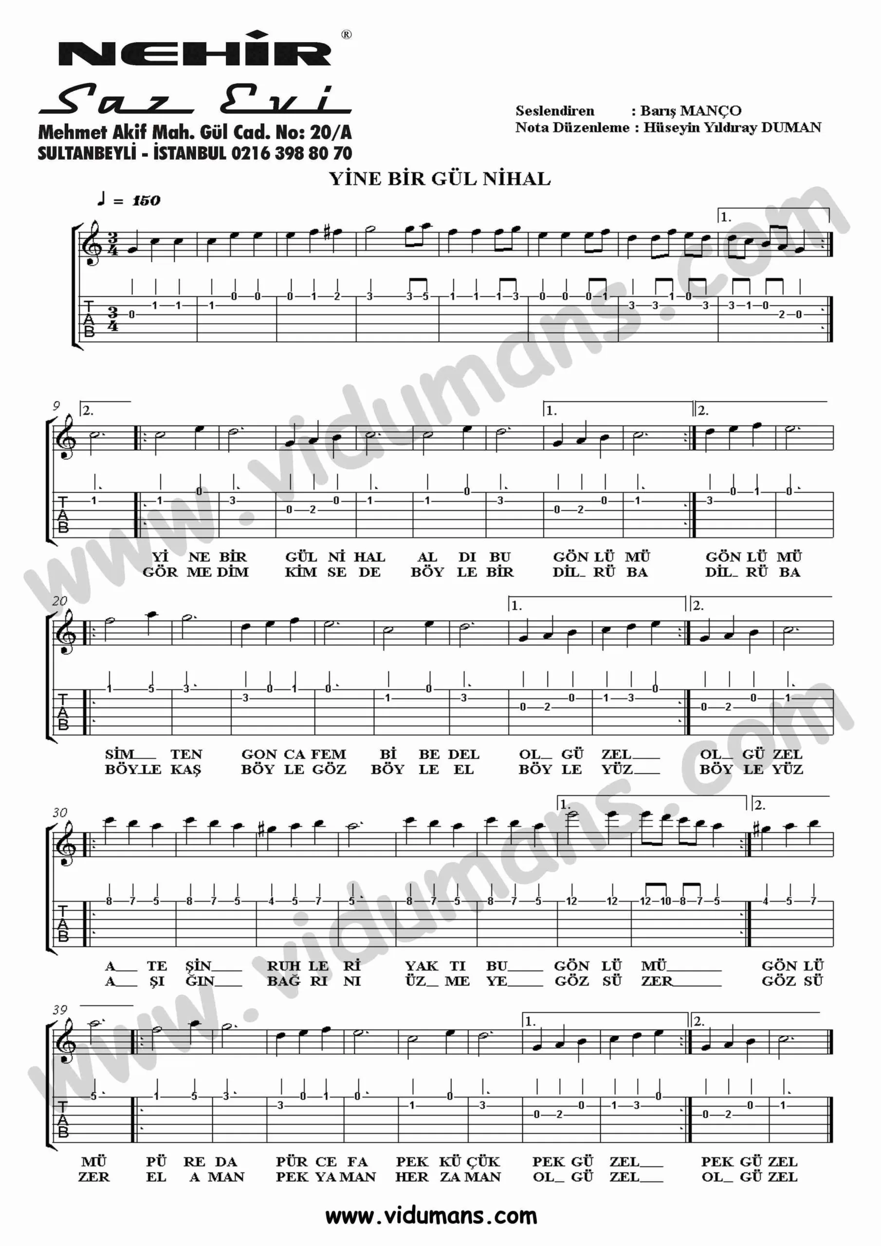 Yine Bir Gulnihal-Gitar-Tab-Solo-Notalari