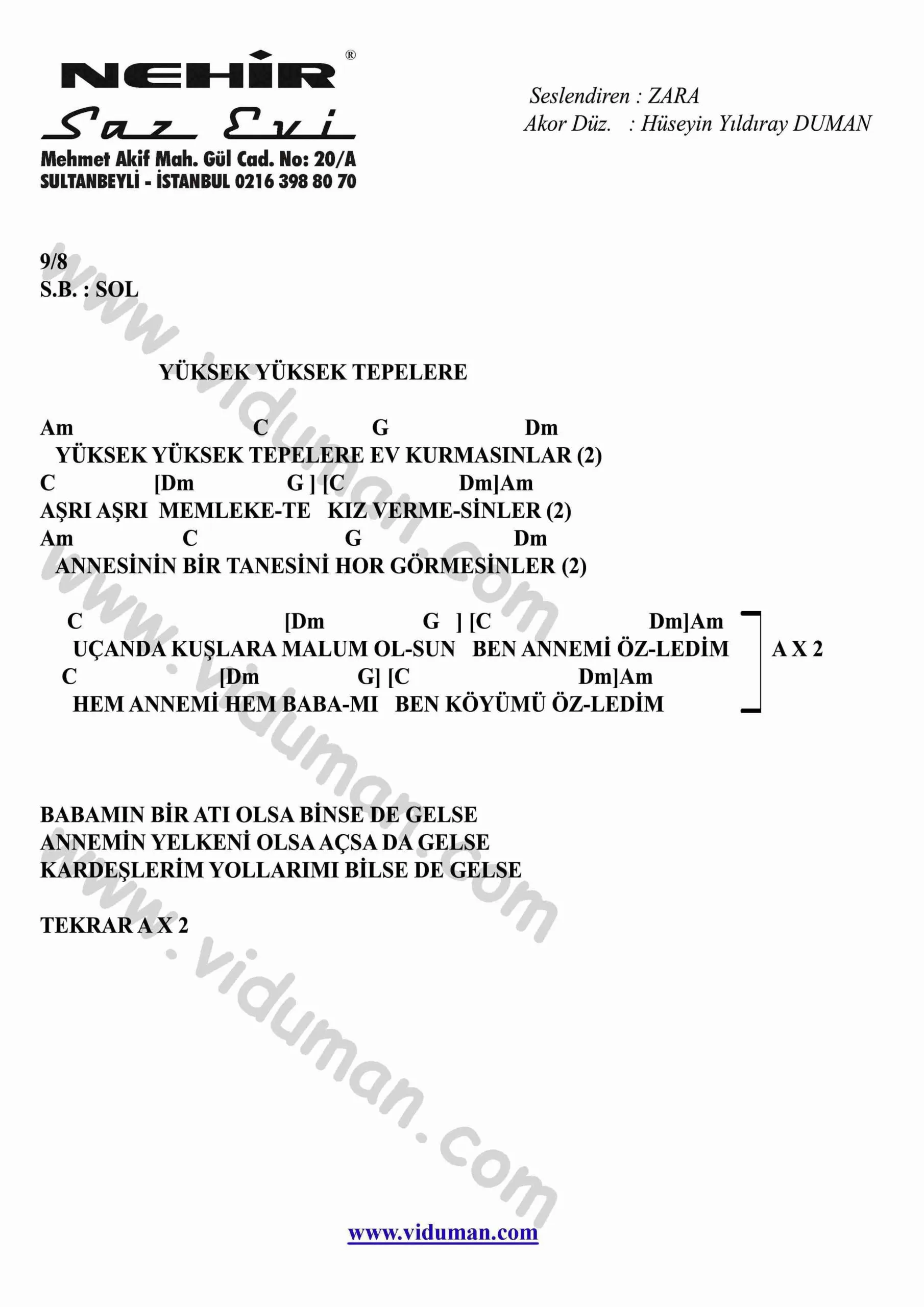 Yuksek Yuksek Tepelere-Gitar-Ritim-Akorlari