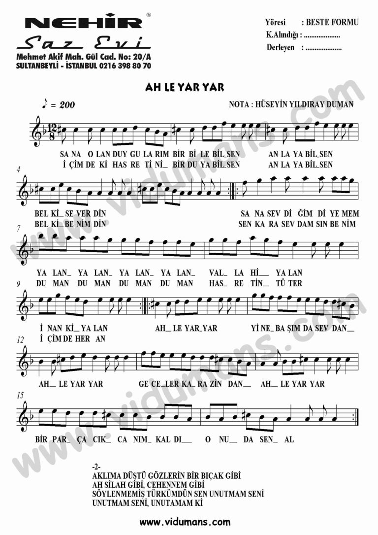 Ah Le Yar Yar-Baglama-Saz-Notalari