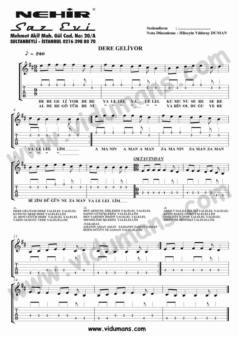 Dere Geliyor-Gitar-Tab-Solo-Notalari