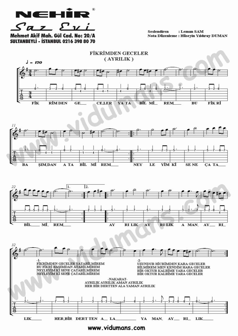 Fikrimden Geceler-Gitar-Tab-Solo-Notalari
