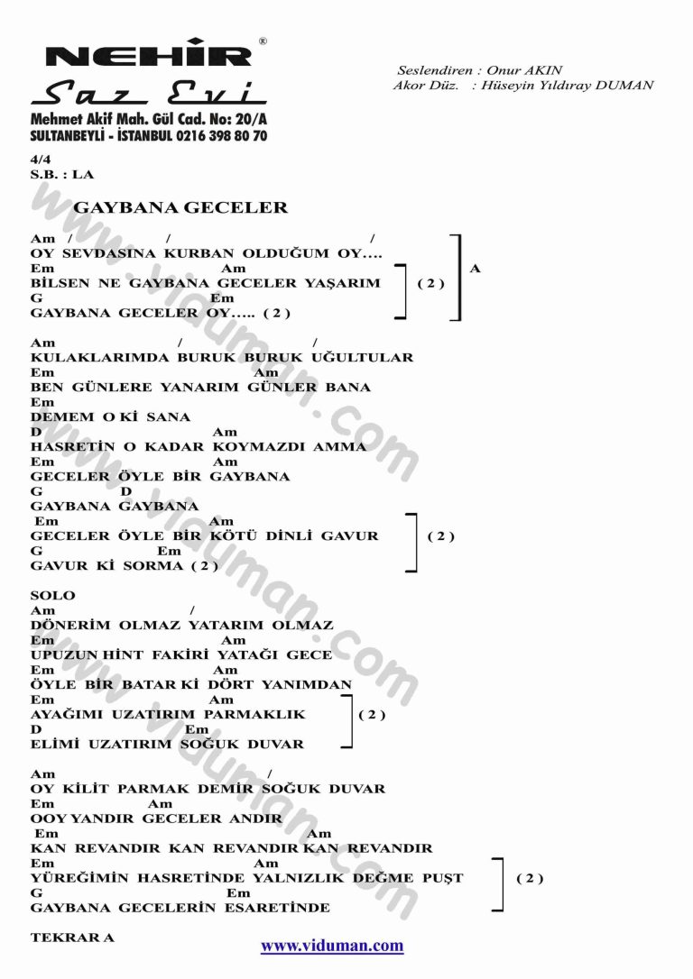 Gaybana Geceler-Gitar-Ritim-Akorlari