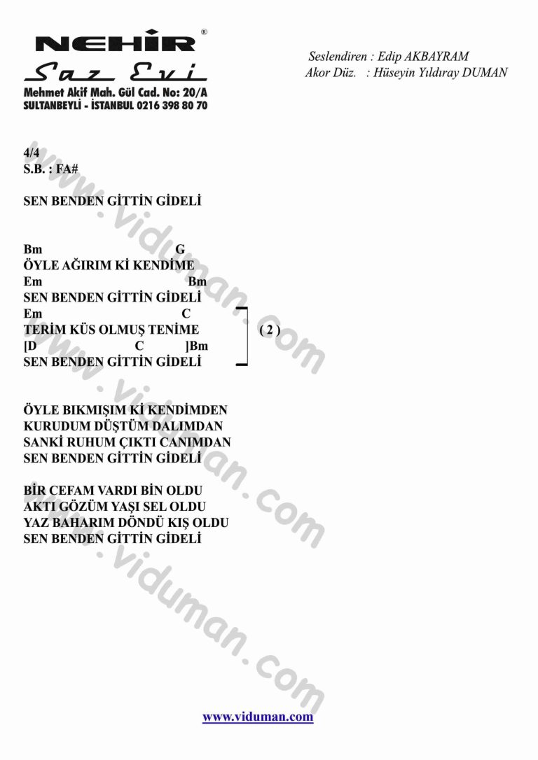 Sen Benden Gittin Gideli-Gitar-Ritim-Akorlari