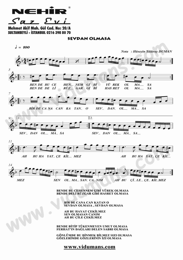 Sevdan Olmasa-Keman-Notalari