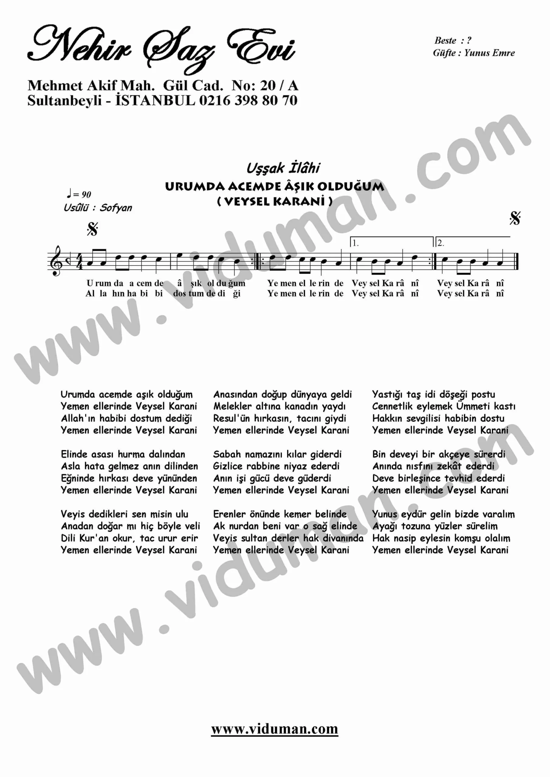 Urumda Acemde (Veysel Karani)-Ney-Ilahi-Notalari
