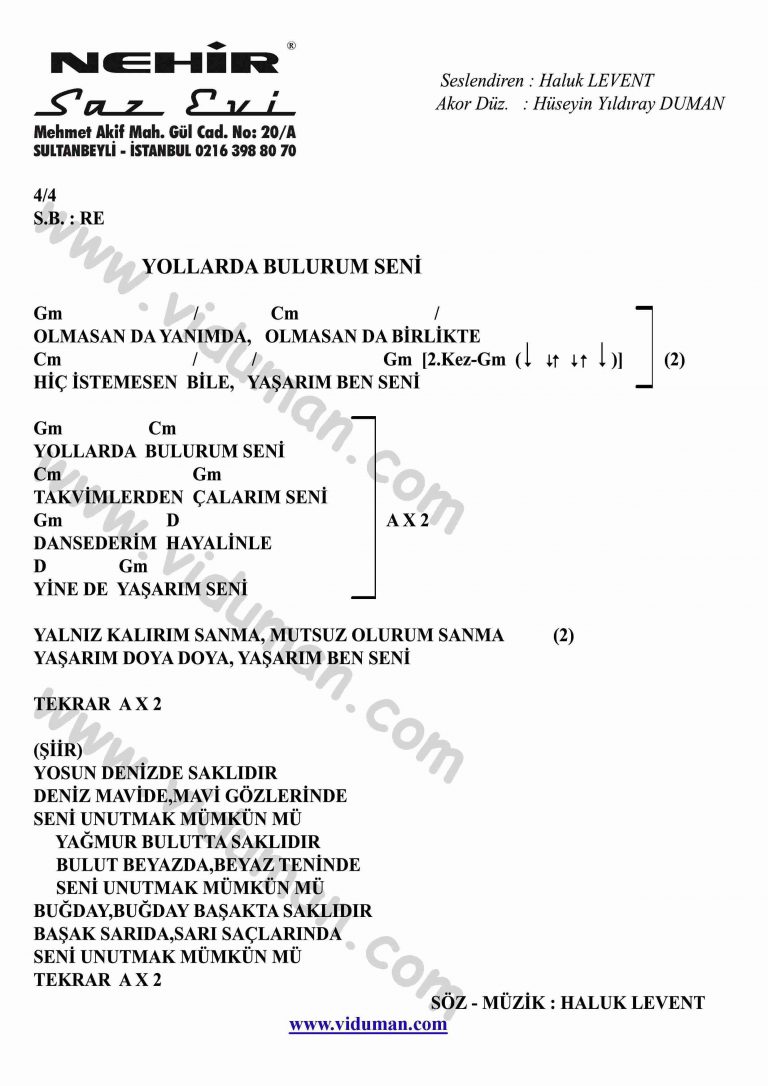 Yollarda Bulurum Seni-Gitar-Ritim-Akorlari