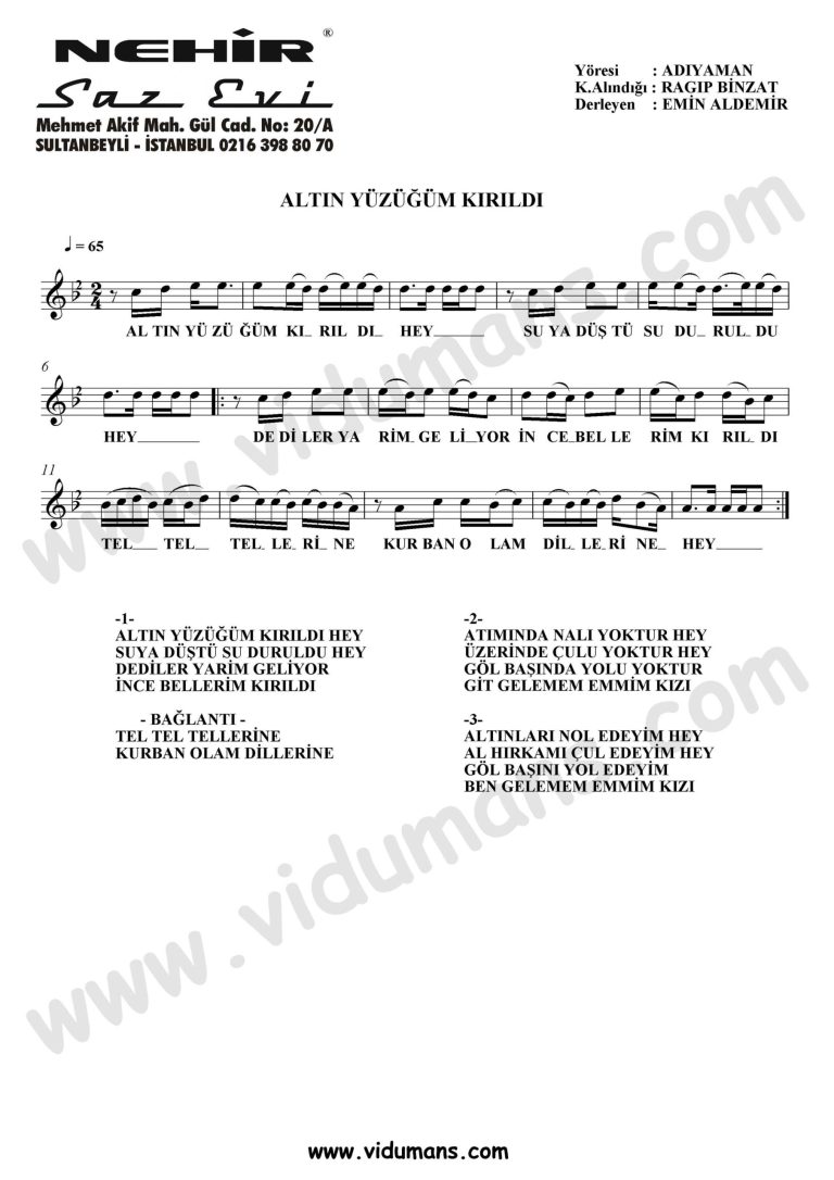 Altin Yuzugum Kirildi-Baglama-Saz-Notalari