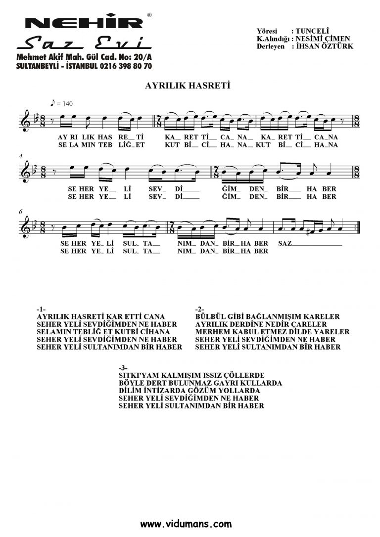 Ayrilik Hasreti-Baglama-Saz-Notalari