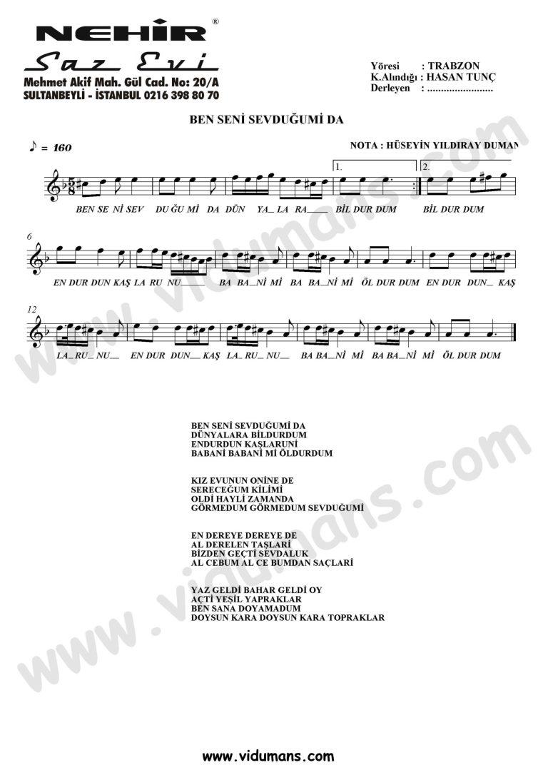 Ben Seni Sevdugumida-Baglama-Saz-Notalari