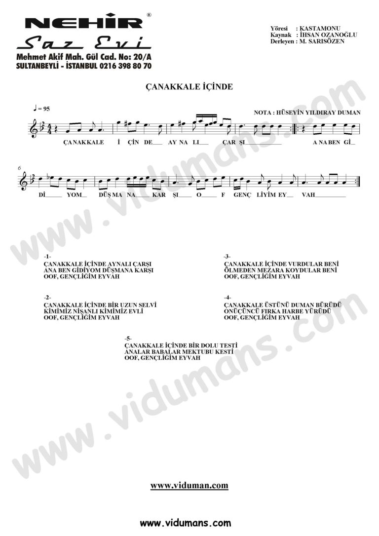 Canakkale Icinde-Baglama-Saz-Notalari