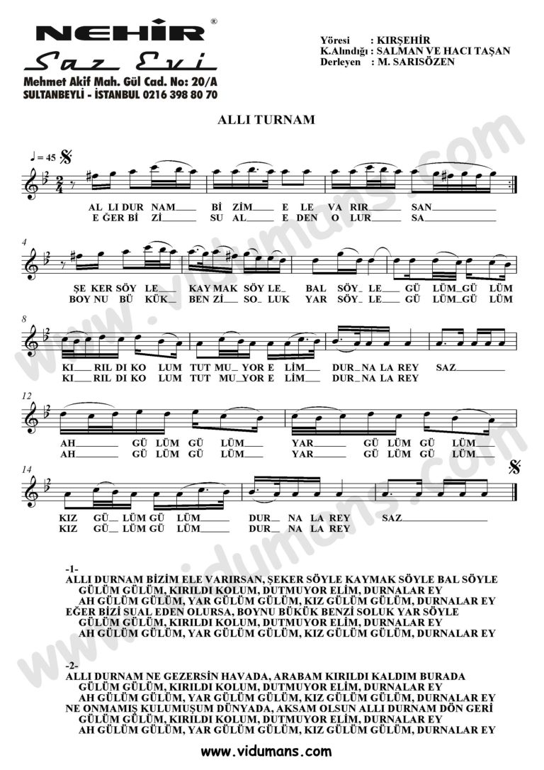 alli turnam bizim ele varirsan-Baglama-Saz-Notalari