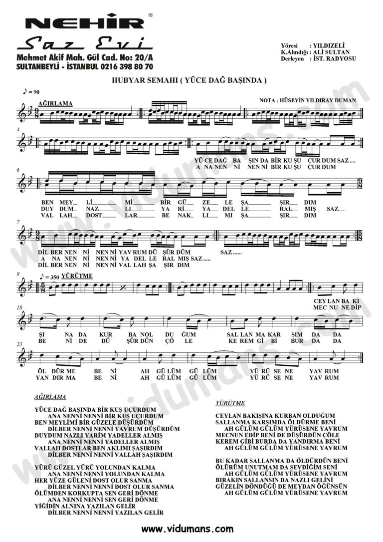 hubyar semahi (yuce dag basinda)-Baglama-Saz-Notalari
