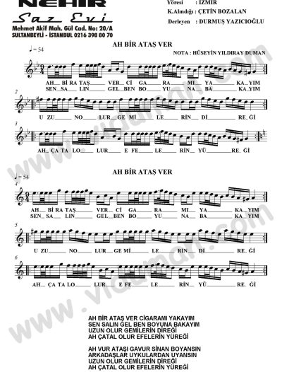 Ah Bir Atas Ver-Baglama-Saz-Notalari