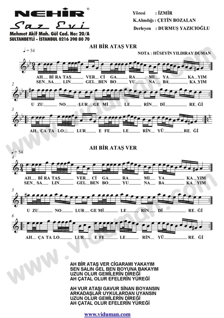 Ah Bir Atas Ver-Baglama-Saz-Notalari