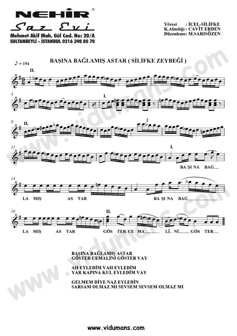 Basina Baglamis Astar Silifke Zeybegi-Baglama-Saz-Notalari