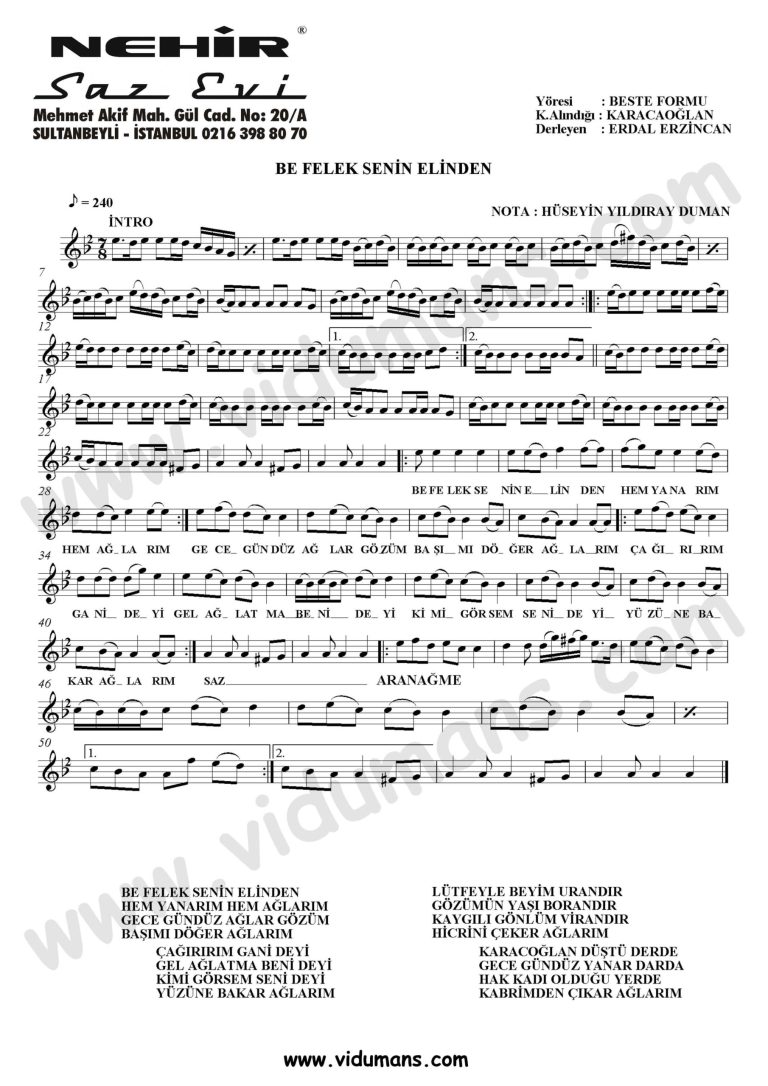 Be Felek Senin Elinden-Baglama-Saz-Notalari