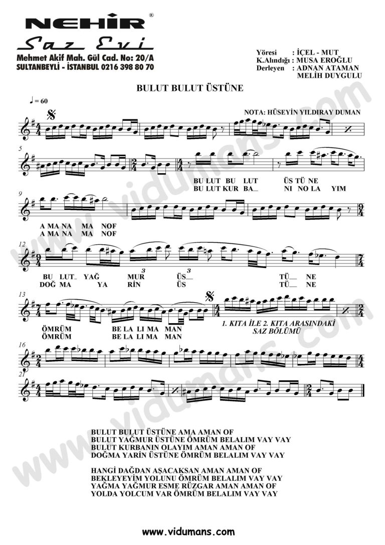 Bulut Bulut Ustune-Baglama-Saz-Notalari