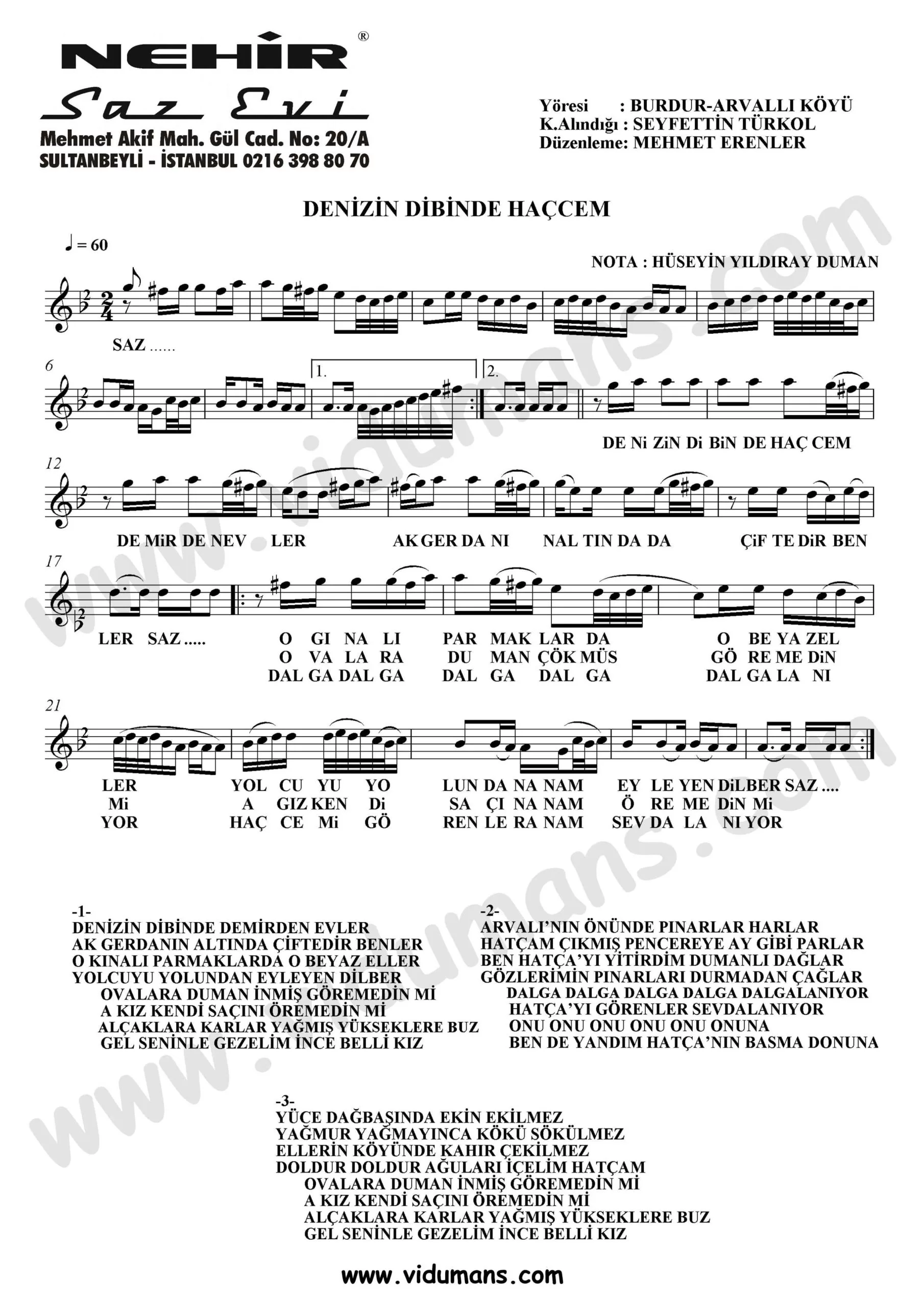 Denizin Dibinde Haccem-Baglama-Saz-Notalari