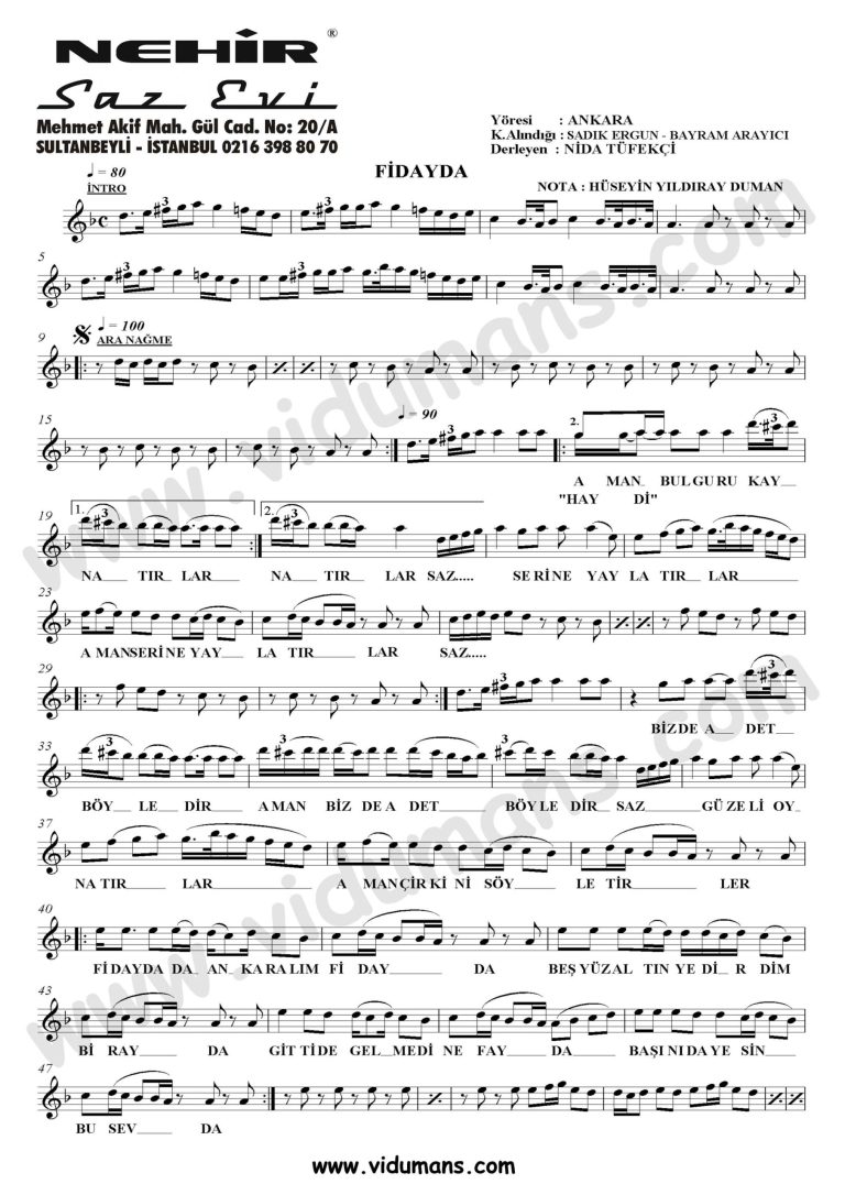 Fidayda - La_1-Baglama-Saz-Notalari