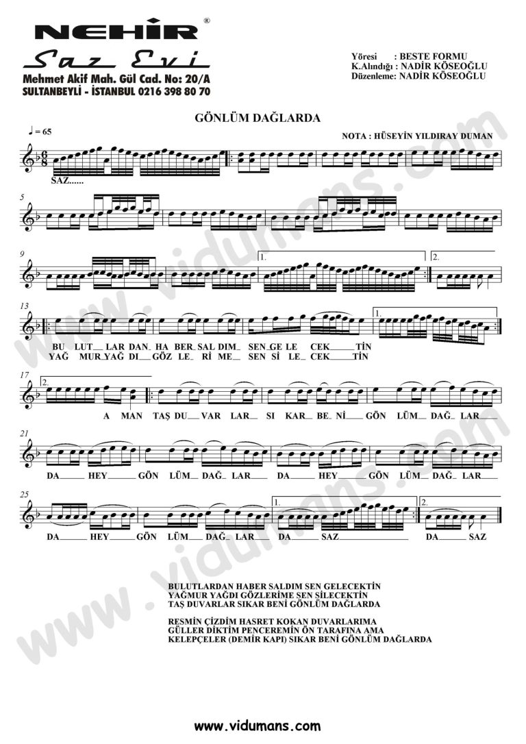 Gonlum Daglarda-Baglama-Saz-Notalari