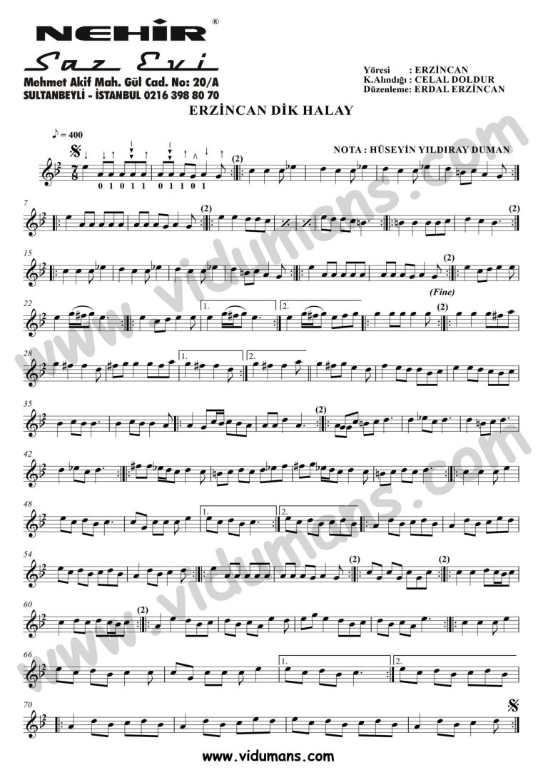 Erzincan Dik Halay-Baglama-Saz-Notalari