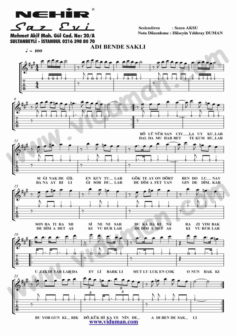 Adi Bende Sakli-Gitar-Solo-Tab-Notalari
