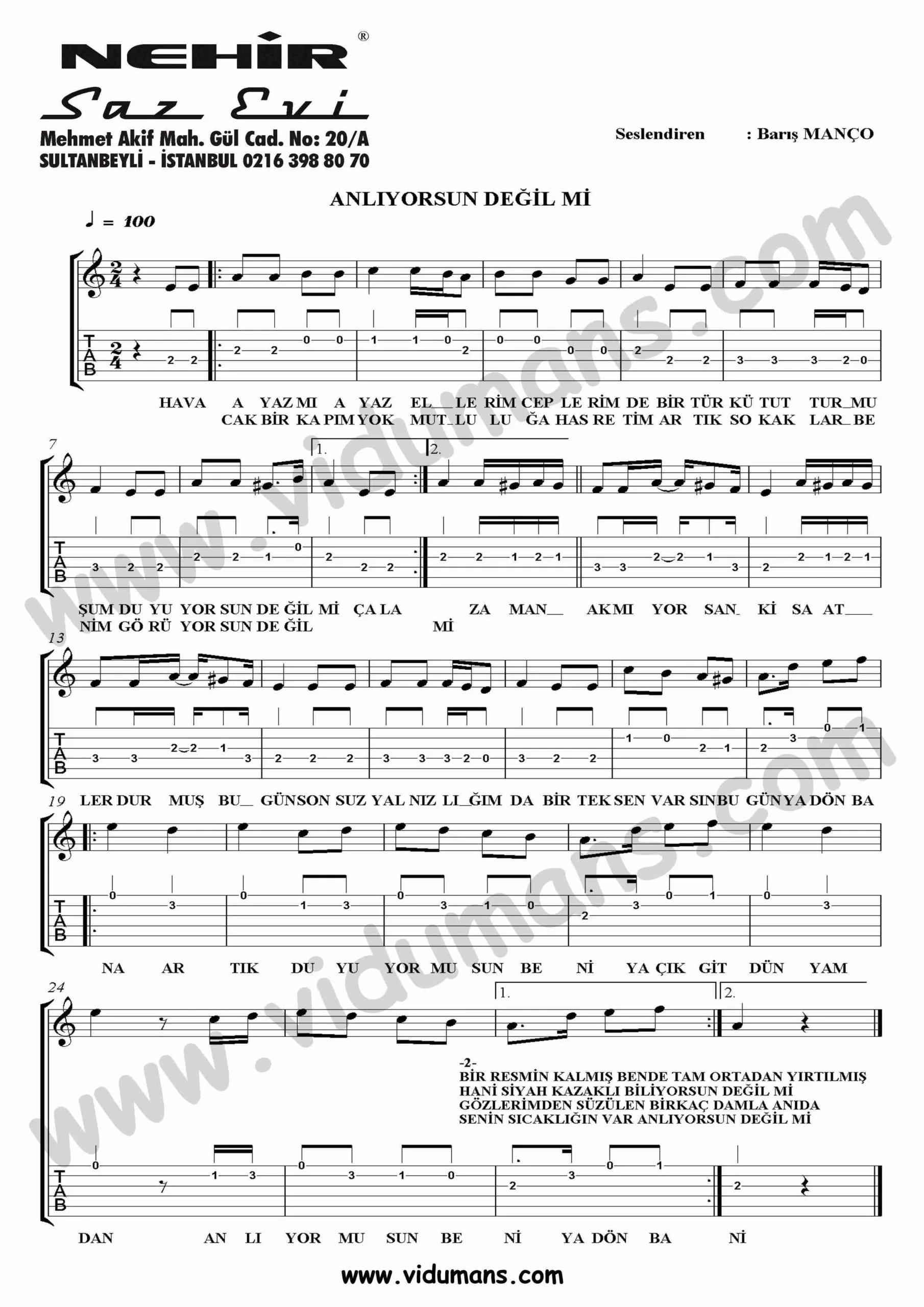 Anliyorsun Degil Mi-Gitar-Solo-Tab-Notalari